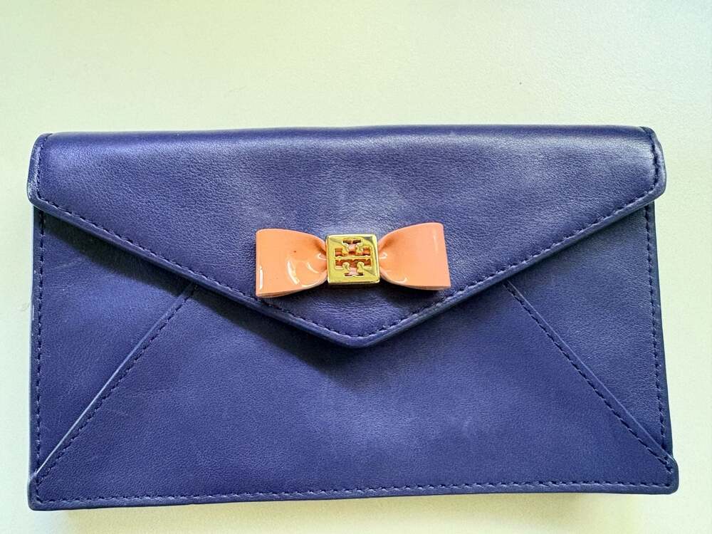 Tory Burch Blue Leather Bow Envelope Mini Crossbody Wallet No Strap